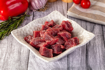 Raw beef meat cubes pieces