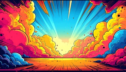 Vibrant sunrise scene with stylized clouds and radiating light (1)