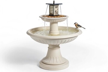 A water fountain with a bird feeder on top of it on white background