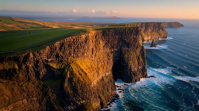 Aerial view of cliffs of moher ireland scenic coastline ocean waves landscape on transparent background