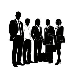 Silhouettes of a diverse business team, five professionals in suits standing together, representing corporate collaboration and success.