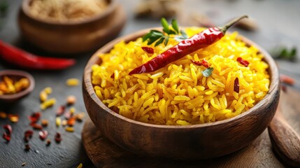 Vibrant Yellow Curry Rice: Close-up of Delicious Asian Dish Garnished with Fresh Herbs and Red Chili, Served in a Wooden Bowl.