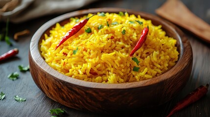 Vibrant Yellow Curry Rice: Close-up of Delicious Asian Dish Garnished with Fresh Herbs and Red Chili, Served in a Wooden Bowl.