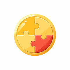 Golden circular medal or coin composed of four interlocking puzzle pieces, with one piece distinctly colored red.