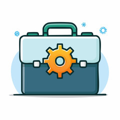 A cartoon illustration of a blue and light blue briefcase with an orange gear icon on its front, symbolizing tools or settings.