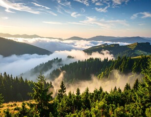 Sunlit mountain range with fog-filled valleys and lush evergreen forests
