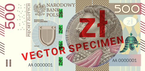 Vector fictional obverse of paper banknote, denomination of 500 Polish zlotys 2026. Game money of Republic of Poland. Five hundred. European finance and economy. Note, largest face value