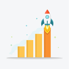 A rocket launching from a rising bar chart, symbolizing business growth, progress, and success in a flat illustration style.