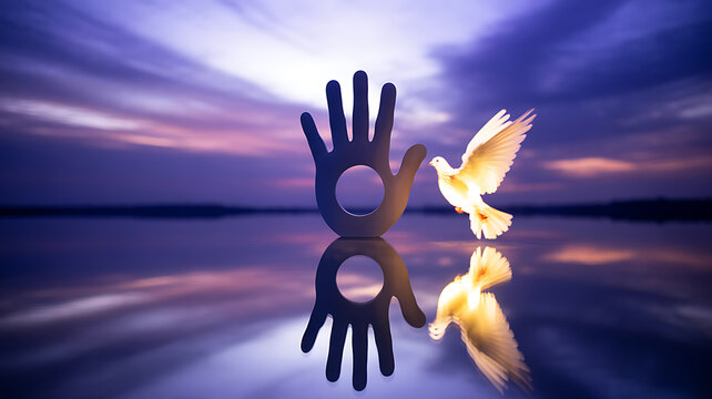 Silhouette of a hand and dove against a twilight sky reflected in water - Powered by Adobe