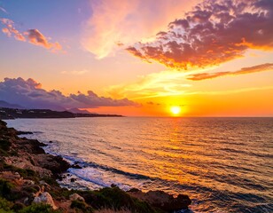 Vibrant sunset over a calm sea, with rocky coastline and colorful clouds