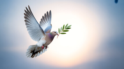Obraz premium A dove in flight carrying an olive branch against a bright sky