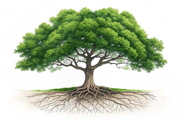 Big green tree with roots underground on white background