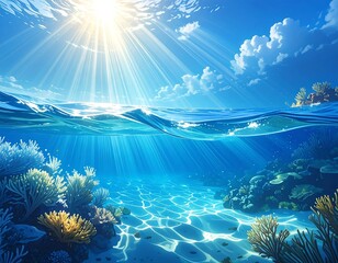 Sunlit ocean surface transitions to vibrant coral reef below