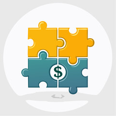 Four puzzle pieces, two yellow and two teal, forming a square with a dollar sign at their intersection, symbolizing financial solutions and integration.