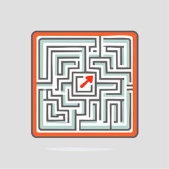 A square maze with light blue-gray walls and a red border, featuring a red arrow pointing to its center.