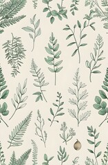 Naklejka premium Botanical Engraving Pattern with Ferns, Eucalyptus, Olive Branches and Wildflowers on Cream Background