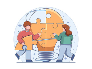 Teamwork Illustration Featuring Two People Completing Puzzle Lightbulb with Transparent Background and Pastel Color Scheme Promoting Innovation and Collaboration