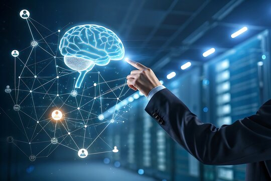 Futuristic businessman interacts with glowing digital brain network in a modern data center environment