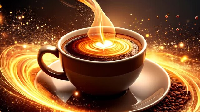 Steaming Coffee Cup on a Saucer with Magical Golden Particle Effect