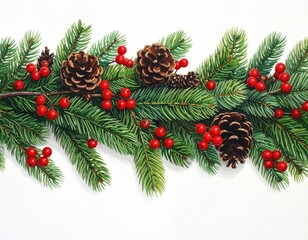 Festive garland of pine branches, pine cones, and red berries