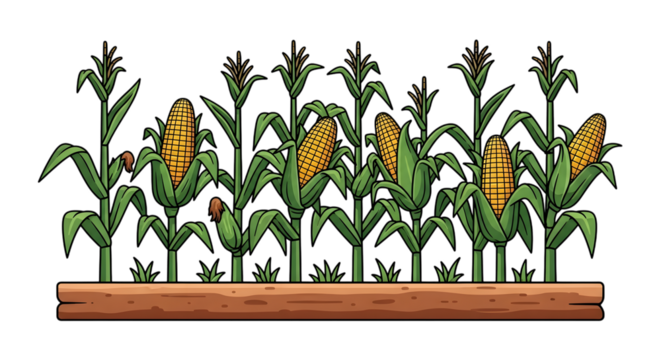 Illustration of a cornfield with ripe corn cobs on stalks, isolated on transparent background