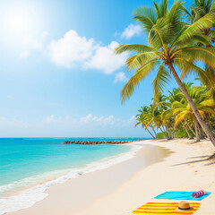Fototapeta premium Sun-drenched tropical beach with lush palm trees lining the pristine white sand next to a tranquil turquoise sea, a perfect summer escape concept