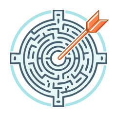 Graphic illustration of a circular maze with an orange arrow hitting the central target, symbolizing problem-solving or achieving a goal.