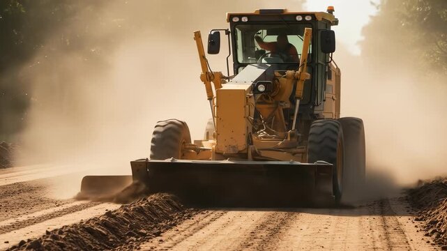 Heavy machinery grading and leveling surface with powerful motor grader