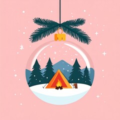 A Christmas ornament depicting a snowy camping scene
