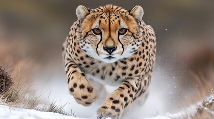 Powerful cheetah in motion, snow-covered ground