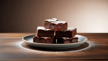 Stack of chocolate brownies on a plate dusted with powdered sugar