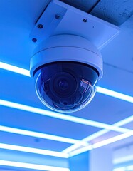 Security camera hanging from a ceiling with blue lights