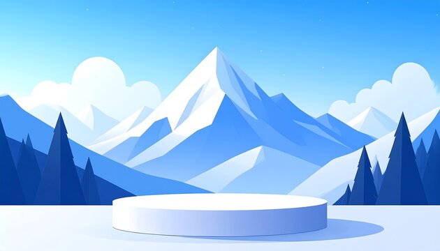 A minimalist illustration of a white cylindrical platform set against a backdrop of snow-capped mountains and evergreen trees under a light blue sky - Powered by Adobe