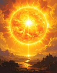 A radiant sun, emanating intense light and heat, illuminates a serene landscape below, casting golden hues across mountains and a tranquil body of water