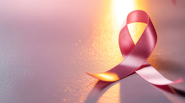 Pink ribbon symbolizing breast cancer awareness on a reflective surface with warm lighting