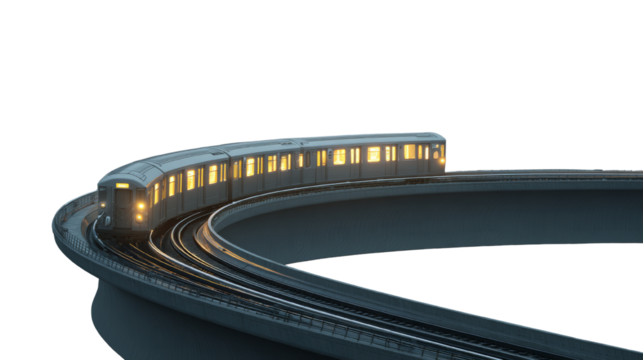 Futuristic elevated train on curved track with luminous windows on transparent isolated background