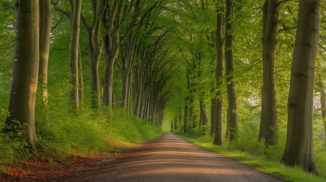 Straight dirt road lined with lush green trees in a sun-dappled forest path