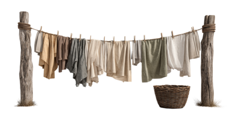 Rustic laundry line with draped fabric, clothes pins, wooden posts, and woven laundry basket