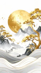 Golden moonlit mountain landscape with pine trees