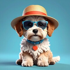 Cute puppy wearing a straw hat and sunglasses