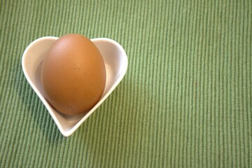 Single brown chicken egg placed in a white small bowl against a green color background with copy space.