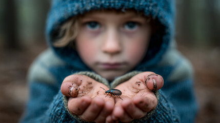 A young child holding a beetle in their dirty hands close up.