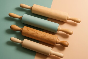 Collection of Four Wooden and Colored Rolling Pins on Pastel Background