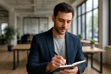 Focused young man writing in notebook at modern coworking office with natural light and creative professional atmosphere
