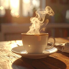 Warm cup of coffee steaming on a wooden table in sunlight