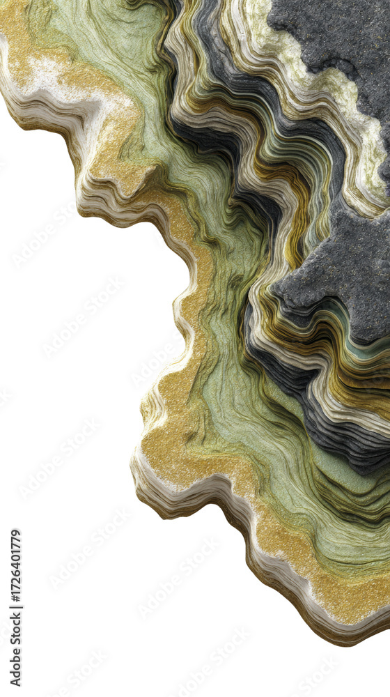 Wall mural abstract layered geological formation with intricate textures on isolated transparent backdrop