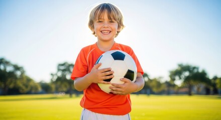A young boy in an orange soccer jersey holding a soccer ball on a sunny field.