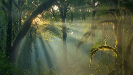 Sunbeams Streaming Through a Misty, Moss- Covered Rainforest Canopy Keywords: rainforest, forest, mist, fog, sunbeams, light rays, moss, trees, jungle
