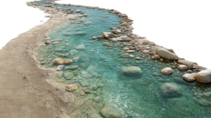 Scenic river landscape with turquoise water and rocky shores on transparent background