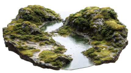 Miniature Terrain Model Featuring a Winding River with Lush Vegetation and Rocky Cliffs on an